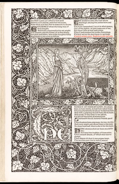 Geoffrey Chaucer „Geoffrey Chaucer munkái most új impresszummal”, a Kelmscott Press kiadó 1896-ban (fametszet) alkotó: Edward Burne Jones