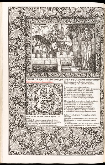Geoffrey Chaucer „Geoffrey Chaucer munkái most új impresszummal”, a Kelmscott Press kiadó 1896-ban (fametszet) alkotó: Edward Burne Jones