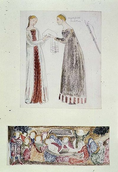 No.1084-f.10 (TtoB) Két szobalány, Giovanni da Milano Mária születése című művének másolata a firenzei Rinuccini-kápolnából; Siralom (akvarell, ceruza) alkotó: Edward Coley Burne Jones