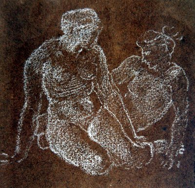 Két ülő női akt tanulmányozása (fehér kréta papíron) alkotó: Edward Coley Burne Jones