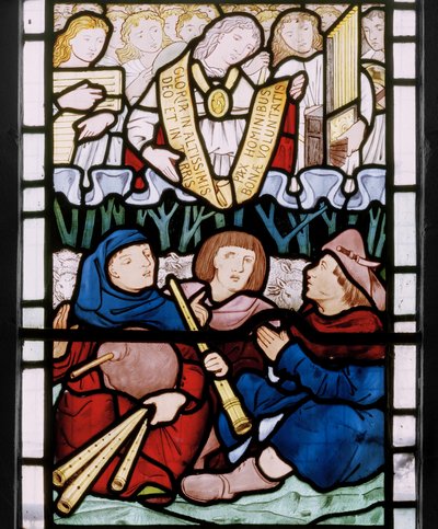 Angyali üdvözlet a pásztoroknak, keleti ablak, predella, 1864 (festett üveg) alkotó: Edward Burne Jones