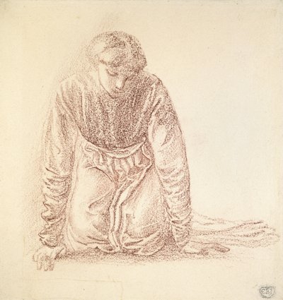 Térdelő nőfigura (sötétvörös kréta fehér papíron) alkotó: Edward Burne Jones