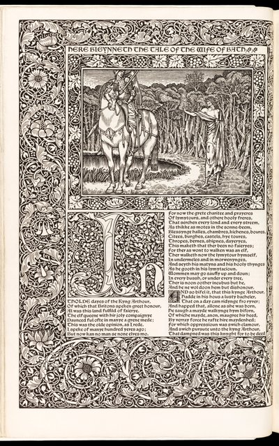 Geoffrey Chaucer „Geoffrey Chaucer munkái most új impresszumokkal”, a Kelmscott Press kiadó 1896-ban (fametszet) alkotó: Edward Burne Jones