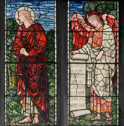 Birmingham, Acocks Green, St Mary The Virgin, Morris & Co., Edward Burne-Jones, John Henry Dearle (1859-1932), St John & Angel with Scroll, 1895 alkotó: Edward Coley and Dearle Burne-Jones