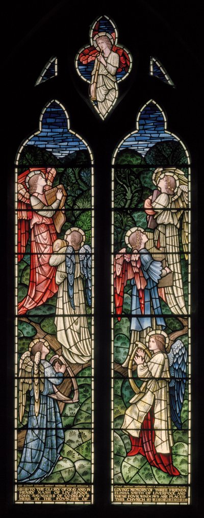 Wilden, All Saints, Morris & Co., Edward Burne-Jones, John Henry Dearle (1859-1932), Angels Of Paradise, Angel Musicians, 1902-1914, Louisa, Alfred, The Baldwins, miniszterelnök, metodista, Worcesters alkotó: Edward Coley and Dearle Burne-Jones