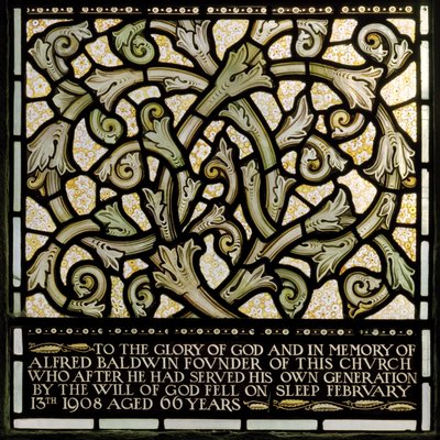 Wilden, All Saints, Morris & Co., Edward Burne-Jones, John Henry Dearle (1859-1932), Dedikáció Alfred Baldwinnak a Joshua ablakból, 1902-1914, Louisa, The Baldwins, miniszterelnök, metodista, Wo alkotó: Edward Coley and Dearle Burne-Jones