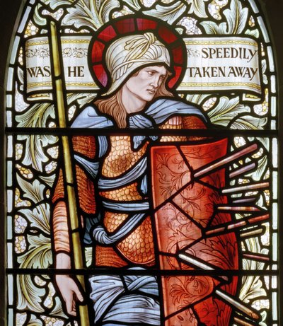 Wilden, All Saints, Morris & Co., Edward Burne-Jones, John Henry Dearle (1859-1932), Fortitude, részlet, 1902-1914, Louisa, Alfred, The Baldwins, miniszterelnök, metodista, Worcestershire, Arts & Craft alkotó: Edward Coley and Dearle Burne-Jones