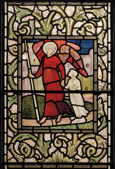 Wilden, All Saints, Morris & Co., Edward Burne-Jones, John Henry Dearle (1859-1932), The Child with Guardian Angel, 1902-1914, Louisa, Alfred, The Baldwins, miniszterelnök, metodista, Worcestershire, alkotó: Edward Coley and Dearle Burne-Jones