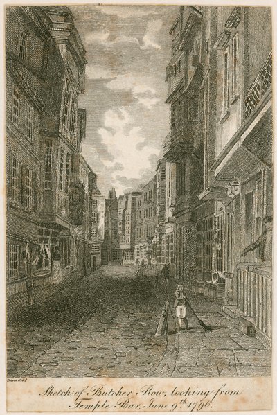 Vázlat a Butcher Row-ról, a Temple Barból nézve, 1796. június 9 alkotó: Edward Dayes