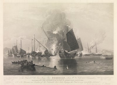 A Hon. E.I. Co. vas gőzhajó Nemesis, ... a Sulphur, Calliope, Larne és Starling csónakokkal, megsemmisítve a kínai háborús dzsunkákat, az Anson-öbölben, 1841. jan. 7-én (Chuenpee Kanton közelében). alkotó: Edward Duncan