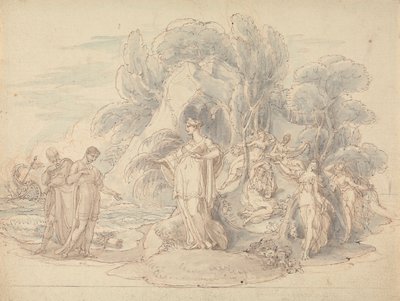 Telemachus és Mentor partraszállás Calypso szigetén alkotó: Edward Francis Burney