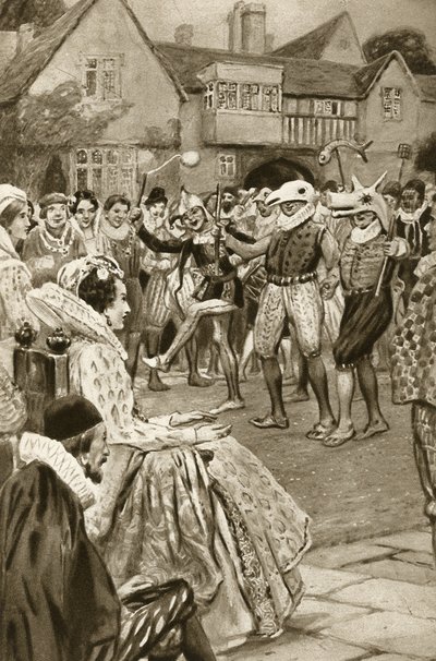 I. Ellizabeth királynő, akit tréfamesterek szórakoztatnak (litográfia) alkotó: Edward Frederick Skinner