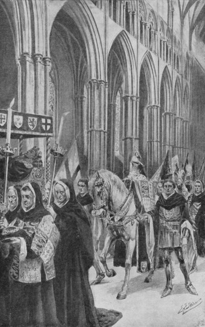 V. Henrik király paripái követik koporsóját a főhajón (litográfia) alkotó: Edward Frederick Skinner