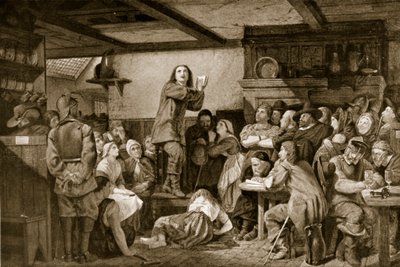 George Fox prédikál egy kocsmában, 1650 körül alkotó: Edward Henry Wehnert