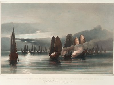 A HMS Columbine, J. C. Dalrymple Hay, Esqr, Commr, 1849. szeptember 28-án éjjel a kínai Tysami előtt a Chuiapoo kalózhajó ellen intézett támadás, 1849 körül (nyomtatás, litográfia, színezett) alkotó: Edward Hodges Cree