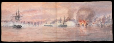 Dr. E. H. Cree illusztrált magánnaplója, XII. kötet 1849, kihajtva a 73-74. oldallal szemben, "A Shap-ng-tsai kalózflotta elleni támadás a Tonquin folyóban" 1849. október 21. CRJ12 (festmény) alkotó: Edward Hodges Cree
