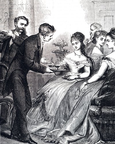Metszet, amely egy úriembert ábrázol, aki egy tál kocsonyát ad át egy hölgynek egy vacsorán alkotó: Edward Hughes