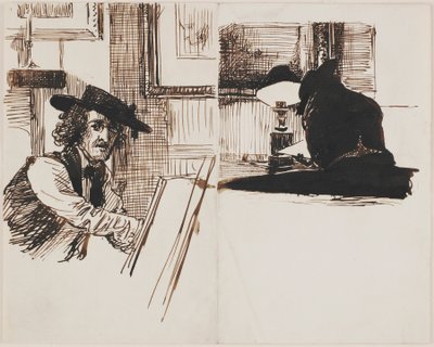 Whistler Poynter rajza, egy asztalnál ülő férfi hátulnézete egy világító lámpa mellett, 1860. alkotó: Edward John Poynter