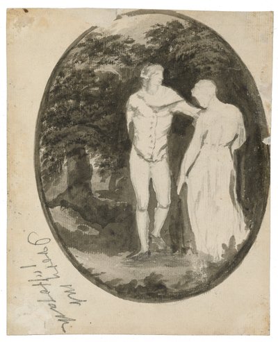 Egy pár erdős tájban ovális díszletben (verso), c. 1838-1848 (tinta és mosás fektetett papíron) alkotó: Edward Lear