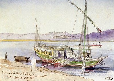 Egyiptomi hajó a Nílus partján, Daboad és Phila (Egyiptom) között. Színes akvarellrajz alkotó: Edward Lear