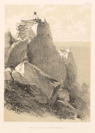 Illusztrált kirándulás Olaszországban vol. II: Ókori falak, Monte Circello, 1846. alkotó: Edward Lear