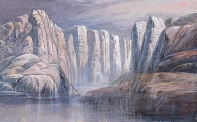Folyóhágó, kopár sziklaszirtek között. alkotó: Edward Lear