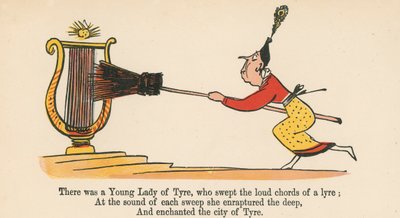 Volt egy ifjú Tyre hölgy, aki egy líra hangos akkordjait söpörte az „A Book of Nonsense”-ből, amelyet Frederick Warne and Co. adott ki, London, 1875 körül. alkotó: Edward Lear