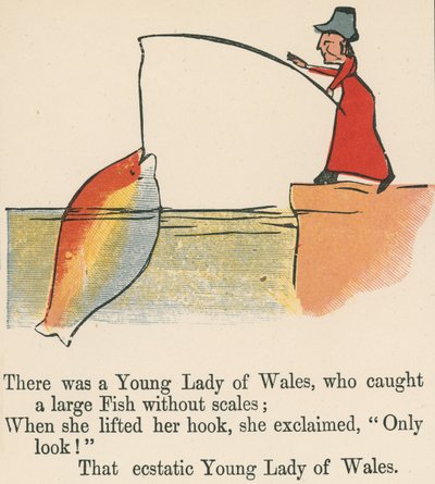 Volt egy walesi ifjú hölgy, aki egy nagy, pikkely nélküli halat fogott az „A Book of Nonsense”-ből, amelyet Frederick Warne and Co. adott ki, London, 1875 körül. alkotó: Edward Lear