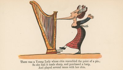 Volt egy fiatal hölgy, akinek az álla egy tű hegyére hasonlított, a Frederick Warne and Co. által kiadott "A Book of Nonsense" című könyvből, London, 1875 körül. alkotó: Edward Lear