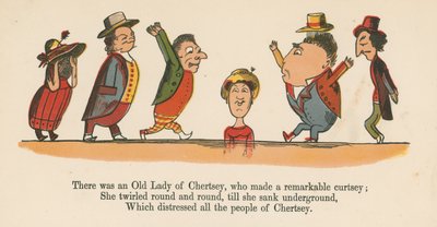 Volt egy Chertsey-i Öreg Hölgy, aki figyelemreméltó beszólást csinált az „A Book of Nonsense”-ből, amelyet Frederick Warne and Co. adott ki, London, 1875 körül. alkotó: Edward Lear