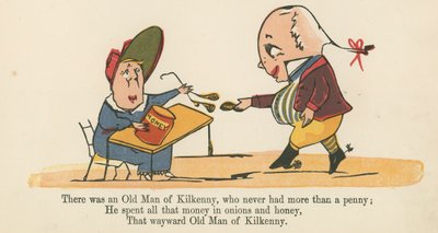 Volt egy kilkenny-i Öreg, akinek soha nem volt több egy fillérjénél, az „A Book of Nonsense”-ből, amelyet Frederick Warne and Co. adott ki, London, 1875 körül. alkotó: Edward Lear