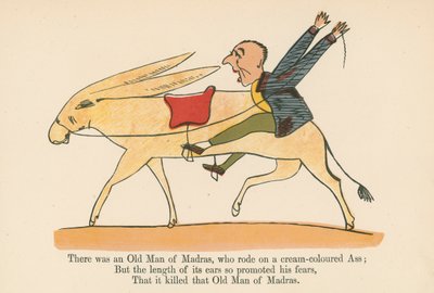 Volt egy madrasi öregember, aki egy krémszínű szamáron lovagolt, a Frederick Warne and Co. által kiadott "A Book of Nonsense" című könyvből, London, 1875 körül. alkotó: Edward Lear