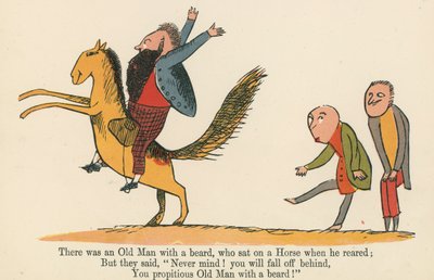 Volt egy szakállas öregember, aki egy lovon ült, amikor felnevelt, a Frederick Warne and Co. által kiadott "A Book of Nonsense"-ből, London, 1875 körül. alkotó: Edward Lear