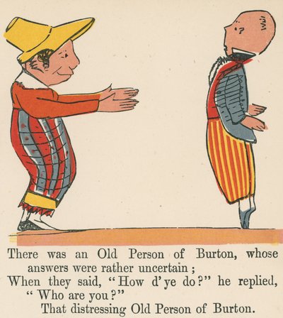 Volt egy burton-i öregember, akinek a válaszai meglehetősen bizonytalanok voltak, a Frederick Warne and Co. által kiadott "A Book of Nonsense"-ből, London, 1875 körül. alkotó: Edward Lear