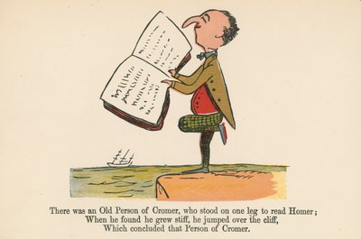 Volt egy öreg Cromer ember, aki fél lábon állt, hogy olvassa Homéroszt az „A könyv a nonszenszből”, amelyet Frederick Warne és Társa adott ki, London, 1875 körül. alkotó: Edward Lear