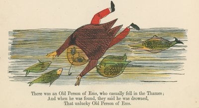 Volt egy Ems-i öregember, aki véletlenül beleesett a Temzébe, a Frederick Warne and Co. által kiadott "A Book of Nonsense"-ből, London, 1875 körül. alkotó: Edward Lear