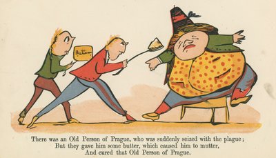 Volt egy Prágai Öreg Személy, akit hirtelen elkapott a pestis, az „A könyv a nonszensz”-ből, amelyet Frederick Warne and Co. adott ki, London, 1875 körül. alkotó: Edward Lear