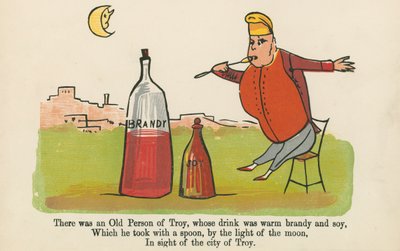 Volt egy trójai öregember, akinek az itala meleg pálinka és szója volt, a Frederick Warne and Co. által kiadott "A Book of Nonsense"-ből, London, 1875 körül. alkotó: Edward Lear