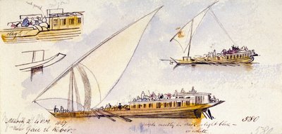 Három tanulmány egy utasokat szállító egyiptomi hajóról, Gau el Kebir közelében (Egyiptom), az ábrázolt személyek ruházatára vonatkozó megjegyzésekkel. alkotó: Edward Lear