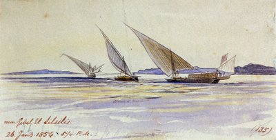 Három hagyományos egyiptomi szállítóhajó a Níluson, Gebel el-Silsila vagy Gebel Silsileh (Egyiptom) közelében. alkotó: Edward Lear