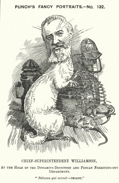 Punch rajzfilm: Adolphus Williamson brit rendőrtiszt és a Fővárosi Rendőrség nyomozói részlegének első vezetője (metszet) alkotó: Edward Linley (after) Sambourne