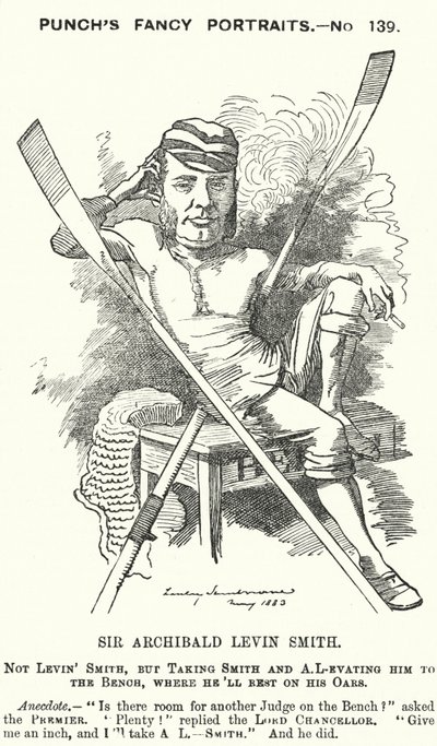 Punch rajzfilm: Archibald Levin Smith angol bíró és evezős, aki részt vett az egyetemi hajóversenyen és a Henley királyi regattán (metszet) alkotó: Edward Linley (after) Sambourne