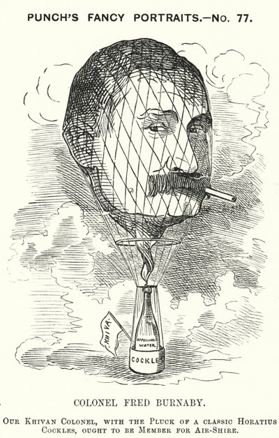 Punch rajzfilm: Frederick Burnaby, a brit hadsereg hírszerző tisztje és léggömbvezető (metszet) alkotó: Edward Linley (after) Sambourne