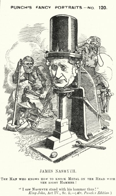 Lyukasztó rajzfilm: James Nasmyth skót mérnök és a gőzkalapács feltalálója (metszet) alkotó: Edward Linley (after) Sambourne