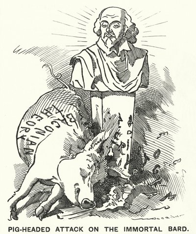 Punch rajzfilm: Disznófejű támadás a halhatatlan bárd ellen – az az elmélet, hogy William Shakespeare drámáit valójában Sir Francis Bacon írta (metszet) alkotó: Edward Linley (after) Sambourne