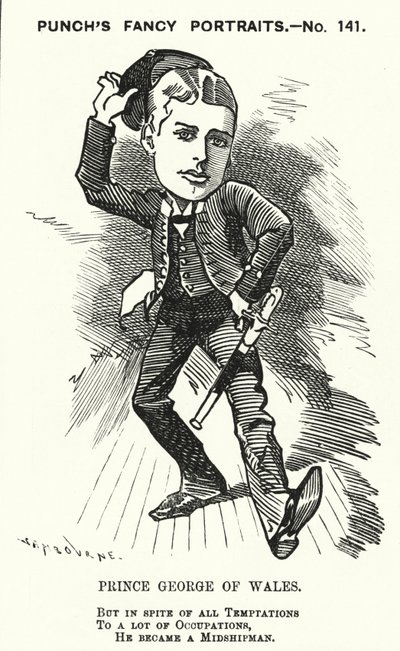 Punch rajzfilm: György walesi herceg, a leendő V. György király, a Királyi Haditengerészet középhajósaként (metszet) alkotó: Edward Linley (after) Sambourne