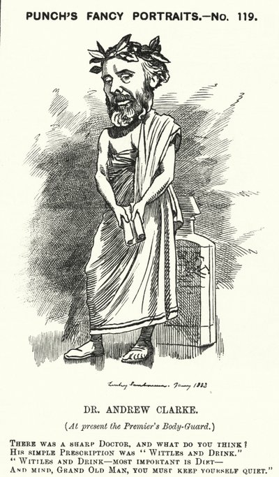 Punch rajzfilm: Sir Andrew Clarke brit orvos, William Ewart Gladstone orvosa (metszet) alkotó: Edward Linley (after) Sambourne