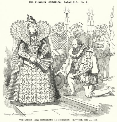 Punch rajzfilm: The Lordly Cecil szórakoztatja uralkodóját, Hatfieldet alkotó: Edward Linley (after) Sambourne