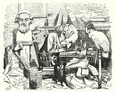 Punch rajzfilm: író dolgozik a dolgozószobájában (metszet) alkotó: Edward Linley (after) Sambourne