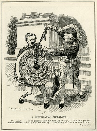 „Egy bemutató malomkő”, Asquith miniszterelnök bemutatja Lloyd George pénzügyminiszternek az 1908-as öregségi nyugdíjrendszert. alkotó: Edward Linley Sambourne